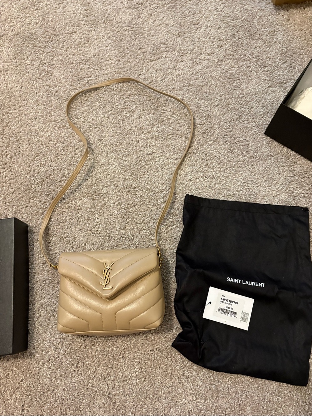 Saint Laurent dark beige Quilted Chevron Leather Crossbody with Gold YSL